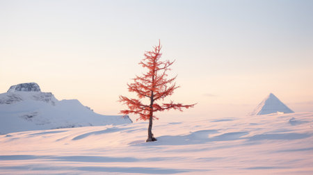 a lone tree stands in the middle of snow, surrounded by majestic mountains. the photo is captured in a natural minimalism style with light red and light orange hues. the soft and romantic scene is enhanced by the use of tokina opera 50mm f14 ff lens, which brings out the beauty of the light aquamarine and crimson colors. this stunning image is created by theの素材