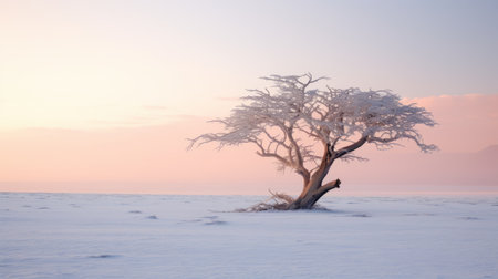 a snow-covered tree stands in the middle of a field, surrounded by ethereal seascapes. this national geographic photo captures the beauty of wildlife in a style reminiscent of rudolf ernst and scarlett hooft graafland. the image showcases a mesmerizing blend of light pink and light amber tones, creating a captivating and serene atmosphere. enjoy this stunning uhd photograph. ai generatedの素材