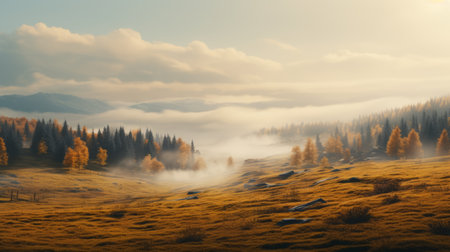 a shady field captured in the style of layered and atmospheric landscapes, showcasing photobashing techniques. the image features a play of light with white and amber tones, reminiscent of slovenian paintings. this uhd photograph beautifully portrays delicately rendered landscapes, making it a stunning example of landscape photography. ai generatedの素材