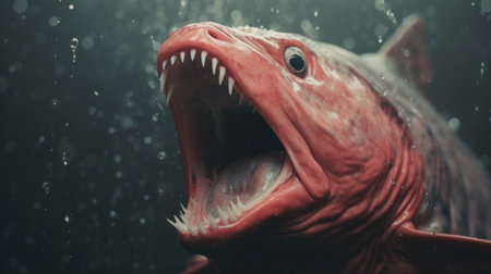 a shocking image of a salmon-like creature in distress, with white text overlay. this hyper-realistic sci-fi style photo by alessio albi and bryce 3d features minimal retouching, grainy texture, and bold, dynamic lines. the tenebrous atmosphere adds to the intensity of the scene captured by andrew ferez. ai generatedの素材