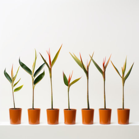 five orange potted plants arranged in white squares on a white surface. this post-processed image captures the essence of the exotic and enigmatic tropics. the vibrant orange hues of the plants contrast beautifully with the light red and dark green accents. the precisionist lines and sharp focus, characteristic of shigeru aoki's style, add a touch of artistic flair to this captivating composition. ai generatedの素材