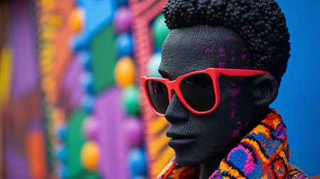 a wall features a statue wearing glasses, adorned with bold colors and patterns. the vibrant artwork showcases the fusion of afrofuturism and black paintings, created using beads and yarn. the scene captures lively street scenes with saturated color fields, all beautifully depicted through the lens of the laowa 100mm f/2.8 2x ultra macro apo. ai generatedの素材