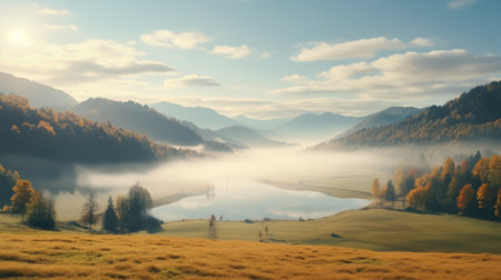 an autumn landscape at sunrise with a foggy lake, rendered in cinema4d, showcases mountainous vistas and serene pastoral scenes. the image captures the light amber and sky-blue hues, creating a surreal and free-flowing atmosphere. this uhd image, reminiscent of national geographic photos, offers a captivating blend of nature and digital artistry. ai generatedの素材