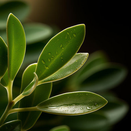 green leaves with water drops, captured in a realistic chiaroscuro lighting style. this detailed botanical illustration showcases the precise craftsmanship of the photographer using a tokina at-x 11-16mm f/2.8 pro dx ii lens. the tranquil gardenscape creates a soothing atmosphere. an associated press photo that combines tagging and marking style. ai generatedの素材