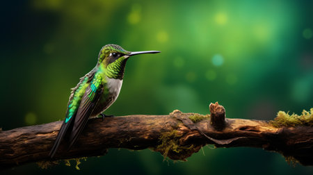 a green hummingbird perches on a branch alongside a frog, amidst a backdrop of a green tree and cloudy sky. this captivating scene is captured in the style of bokeh panorama, showcasing precisionist art techniques. the image evokes environmental portraits with its attention to detail and composition. enhanced by post-processing effects and the use of unreal engine 5, this gemstone-like still life bursts with vibrantの素材