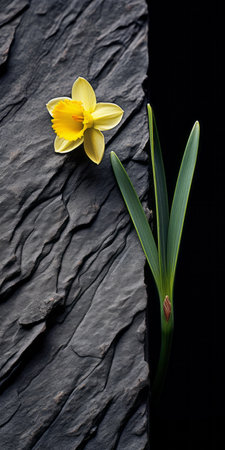 a flower growing next to a rock, captured in a dark gray and yellow color scheme. this classic still life composition showcases the artistry of scanner photography, with trompe-l'oeil folds and contrasting backgrounds. the image is reminiscent of the style of range murata, and was taken using a long lens. ai generatedの素材