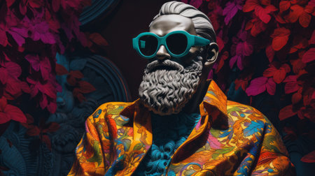 portrait of an elderly man wearing shades, captured in a tropical setting. the photo showcases sculptural costumes with a mix of dark turquoise and orange hues. it exudes a baroque-inspired aesthetic, reminiscent of bold fashion photography. this 8k 3d image by victor nizovtsev on sketchfab beautifully combines elements of art and fashion in a captivating manner. ai generatedの素材