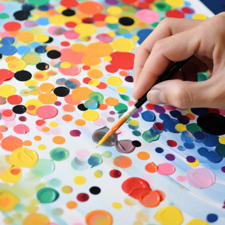 a person meticulously paints confetti-like dots on a painting, showcasing a colorful abstraction style. the diverse color palette and precise craftsmanship create a visually captivating piece. the hard edge painting technique and precisionist art approach are evident in the meticulous brushwork. ai generatedの素材