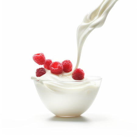 fresh milk being poured into a small bowl of yogurt topped with juicy raspberries. this captivating photo showcases a unique style of overexposure and high contrast, reminiscent of the artistic techniques found on flickr. the use of vray lighting enhances the graceful curves of the bowl, while the free-associative composition adds an element of creativity. the soft beige tones create a soothing and inviting atmosphere.の素材