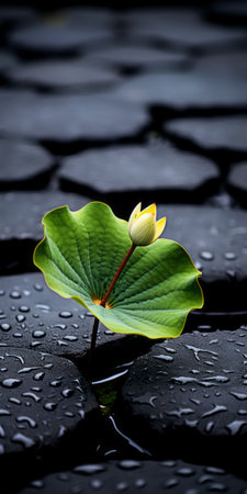 rain droplets gently water a leaf, capturing the essence of zen buddhism. the dark aquamarine and yellow hues blend with dark green and yellow, creating a high contrast black and white effect. the composition imitates the style of hyman bloom, with contrasting backgrounds adding depth to the image. ai generatedの素材