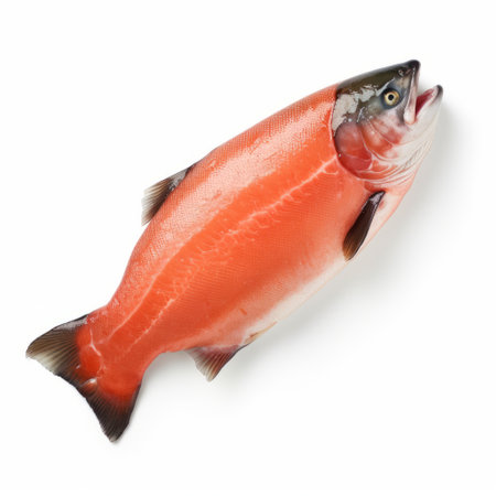 salmon isolated on white background stock photo featuring chromatic saturation. this high-quality image was captured using a fujifilm provia film, which was cross-processed to enhance the colors. the photo showcases a vibrant combination of light crimson and navy hues. the unique fish-eye lens adds an interesting perspective to the composition. ai generatedの素材