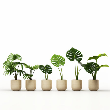 five plants arranged in rows create a minimalistic composition, exuding an exotic atmosphere. the photorealistic rendering captures the beauty of these plants, which feature ivory-colored leaves. the low depth of field adds depth to the image, while the whimsical figuratives enhance the overall aesthetic. perfect for collectors and various modes of display. ai generatedの素材