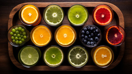 citrus and other fruit are beautifully arranged on a wooden tray, creating a visually striking composition. the image features a captivating combination of dark indigo and light green color fields, resulting in a multi-layered effect. captured with a zeiss ikon zm camera, the vibrant glazes of the fruits stand out against the symmetrical backdrop of dark orange and gray tones. ai generatedの素材