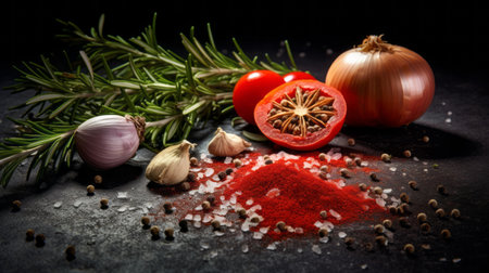 an arrangement of onion, garlic, red pepper, rosemary, and salt on a black background. the photo showcases vibrant and lively hues, with a polished concrete texture. the use of sfumato technique adds an element of exacting precision. the photo was taken with provia, creating a serene atmosphere. ai generatedの素材