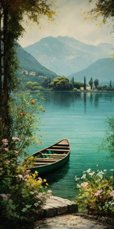 a serene mediterranean lake scene with a boat peacefully floating on calm waters, surrounded by majestic mountains. the garden setting adds to the tranquil ambiance. the photo showcases a soothing color palette of dark green, aquamarine, dark turquoise, and light brown, creating a calming and introspective aesthetic. the swiss style composition and webcam-like photography enhance the picturesque feel, reminiscent of a beautiful lake wallpaper. aiの素材