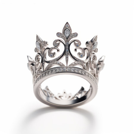 a regal ring adorned with diamonds, set against a pristine white background. this whimsical fairy tale-inspired piece, created by the talented kentaro miura, showcases intricate designs and detailed perfection. the shiny diamonds catch the light, adding a touch of elegance to this enchanting creation. bob ringwood's influence is evident in the exquisite craftsmanship. shot at iso 200, this photo captures the true essence of thisの素材