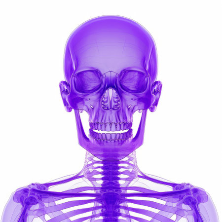 a purple skull view showcasing the skeletal system with transparency and opacity. the lively facial expressions and dignified poses bring this image to life. set against a white background, the whiplash lines and xbox 360 graphics add a unique touch. the fine attention to anatomy is evident in this captivating photo. ai generatedの素材