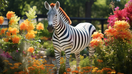 a zebra peacefully rests amidst a vibrant garden filled with an array of flowers. this stunning scene, created in the style of unreal engine 5, showcases hyper-realistic details and vivid orange hues. the image boasts a remarkable 32k uhd resolution, capturing the zebra's iconic striped pattern and the non-representational forms of the surrounding flora. ai generatedの素材