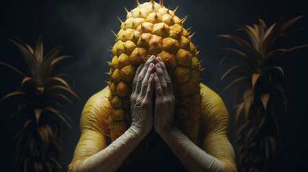 a photo featuring a hyper-realistic sci-fi style image of a shocked mango old creature with hands on top of its head. the white text adds emphasis to the emotion portrayed. the photo is created by alessio albi using bryce 3d software, with minimal retouching. the image has a grainy and tenebrous effect, with bold and dynamic lines, showcasing the unique style of andrew ferez. aiの素材