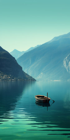 a serene mediterranean lake scene with a boat peacefully floating on the calm waters. the picturesque view is enhanced by the majestic mountains in the background. the color palette of dark green, aquamarine, dark turquoise, and light brown creates a soothing and introspective atmosphere. this swiss-style composition combines different elements to evoke the ambiance of a lake wallpaper, reminiscent of webcam photography. ai generatedの素材