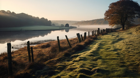 sunrise in shropshire captured by arthur spencer, showcasing the picturesque english countryside. this photo, taken with the zeiss milvus 25mm f/1.4 ze lens, beautifully portrays romantic riverscapes and isolated landscapes. the shallow depth of field adds a touch of enchantment, while the light amber and green hues create a serene atmosphere. the mist further enhances the ethereal beauty of this captivating scene. ai generatedの素材