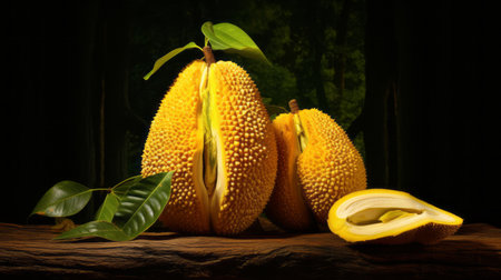 two cut up yellow fruit, resembling thai art, are placed on a dark surface. the photo showcases photorealistic wildlife art with a touch of pointillist precision. the background features a lush landscape with highly detailed foliage, creating a sense of a gigantic scale in this highly detailed environment. ai generatedの素材
