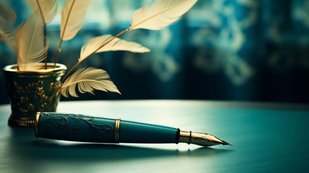 a blue fountain pen and a vase with feathers, styled in dark green and light gold, create an elegant composition. the photo, captured with an olympus pen f, showcases delicate and intricate details. the vignetting effect adds a touch of sophistication. the fine lines and delicate curves of the pen and feathers complement the dark bronze and sky-blue color scheme. perfect for a website orの素材