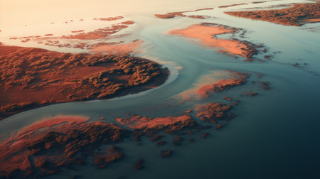 aerial view of a river showcasing white sand, lush grass, and cascading waterfalls. this stunning scene is rendered in the style of cinema4d, with a tonalist color scheme inspired by the art of tonga. the light crimson and indigo hues create a captivating atmosphere, reminiscent of light-filled dutch landscapes. the use of octane render enhances the visual appeal of this breathtaking landscape. ai generatedの素材