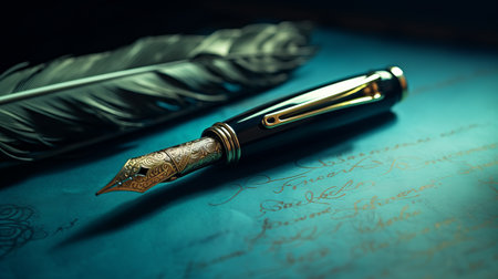 a fountain pen, adorned with a handwritten letter, showcases a captivating blend of dark gold and turquoise hues. the intricate feather rendering adds a touch of detail to this historically significant piece. created by cristina mcallister, the soft edges and blurred details evoke a sense of enchantment reminiscent of the works of edmund leighton. the sculpted design further enhances its allure. ai generatedの素材