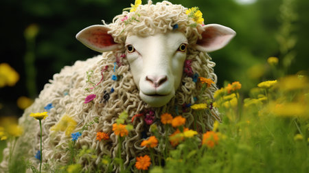 a sheep, made of beads and yarn, stands in the middle of a field full of flowers. rendered in cinema4d, this eye-catching detail captures the intricate craftsmanship of the artwork. the sheep, made of vines, adds a unique touch to the overall composition. (keywords: sheep, field, flowers, rendered, cinema4d, beads, yarn, bill gekas, flickr, eye-catching, detail, vines, mandy disher), ai generatedの素材