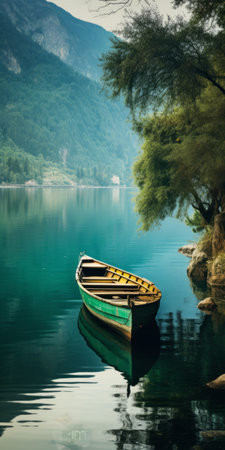a serene mediterranean lake scene with a boat peacefully floating on calm waters, surrounded by majestic mountains. the garden setting adds to the tranquil ambiance. the photo showcases a soothing color palette of dark green, aquamarine, dark turquoise, and light brown, creating a calming and introspective aesthetic. the swiss-style composition and webcam-like photography enhance the picturesque feel, reminiscent of a beautiful lake wallpaper. ai generatedの素材