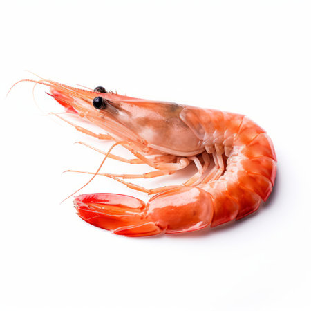 a shrimp, inspired by wlad safronow's style of sumatraism, is showcased on a white background. the image captures the shrimp with a soft focus lens and utilizes focus stacking techniques. the color palette includes light orange and light magenta, enhancing the highly polished surfaces of the shrimp. the overall composition exudes a nautical charm. ai generatedの素材