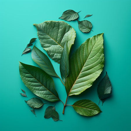 a high definition image of a shredded plant leaf and twig, scattered on a colored background in the style of teal and emerald. the composition by caras ionut features clean lines and pure forms, with a reduced color palette. this uhd image was developed using caffenol, resulting in stunning detail and clarity. ai generatedの素材