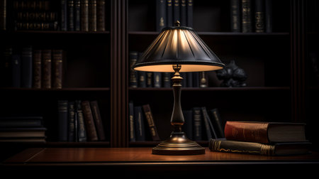 a lamp sits atop a table adorned with numerous books, creating a visually striking contrast between light and dark. the composition exudes classic elegance while showcasing bibliographic anomalies. the flattering lighting adds a touch of manapunk aesthetic to the scene, resulting in a captivating nightscapes image with an hdr effect. ai generatedの素材