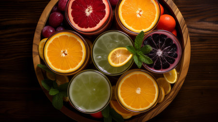 a platter of assorted fruits arranged in a visually captivating manner, featuring fluid color combinations reminiscent of a rangefinder lens. the vibrant energy of the dark orange and light green fruits creates an icepunk-inspired aesthetic. the photo captures the natural beauty of the fruits, enhanced by the provia film-like tones and the texture of the natural fibers. ai generatedの素材