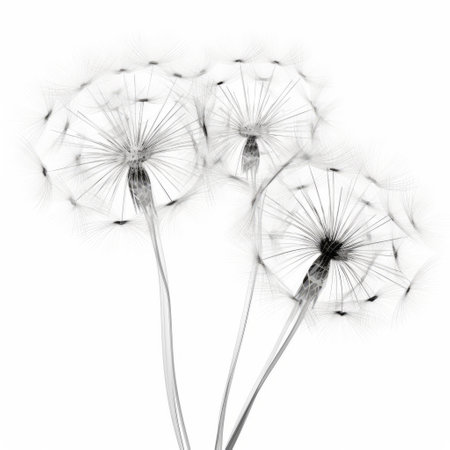 a close-up stock photo of dandelions captured in a minimalistic black and white sketch style. the image showcases layered translucency and whimsical design, with a white background emphasizing the realistic forms. the use of scanner photography adds a unique touch, highlighting the organic contours of the dandelions. ai generatedの素材