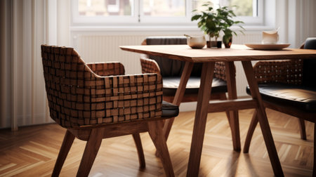 a hyperrealistic dining chair with weaving leather elements, designed using octane render for a clean and elegant look. the chair is isolated on a white background, showcasing its high detail and intricate textures. with a resolution of 16k, this dining set exudes sophistication and style. ai generatedの素材
