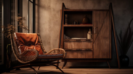a hutch with weaving leather elements, designed with a clean and elegant look using octane render. the hyperrealistic final result showcases detailed textures, while the chair stands out on a white background. with a resolution of 16k, this high-detail design exudes sophistication. ai generatedの素材