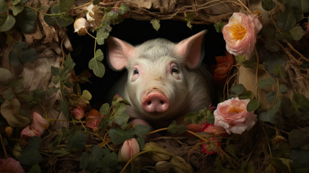 a pig, camouflaged amidst the forest flowers, emerges at sunrise. this hyperrealistic portrait captures the baroque chiaroscuro drama, reminiscent of museum gallery dioramas. made entirely of vines, the pig's cute and quirky presence adds a touch of naturalistic charm to the distinct framing of the photograph. ai generatedの素材