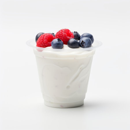 a yogurt cup filled with fresh berries and yogurt is captured in this high-resolution photograph. the image showcases the simplified structures of the plastic cup, reminiscent of the plasticien style. shot using the adox silvermax film, the details are crisp and clear, thanks to the rollei prego 90 camera. this captivating photo is reminiscent of an associated press press photo. ai generatedの素材