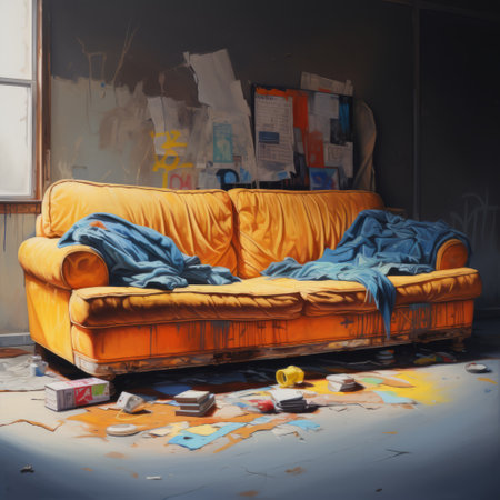 an orange couch stands out amidst a collection of broken furniture, creating a striking contrast. this realistic portrait-style painting captures the essence of urban scenes with its dusty piles and natural lighting. the artist's skill as a figurative colorist is evident in this speedpainting, which showcases their talent on a large canvas. ai generatedの素材
