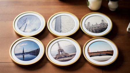 circular vintage frames featuring various designs including the iconic french eiffel tower, captured in a documentary travel photography style. these frames, adorned with white and gold accents, showcase the artistry of slim aarons and charles wysocki. the photography installations, captured using the tamron sp 70-200mm f/2.8 di vc usd g2 lens, offer a unique tabletop photography experience. ai generatedの素材
