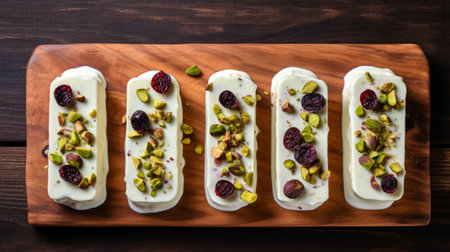 a wooden board filled with a rich variety of four different kinds of fruit and nuts, beautifully arranged in a light green and white color scheme. captured with a pentax espio mini, this image showcases the rich layers and melting textures of rectangular fields made of cheese, in a stunning combination of white and maroon hues. ai generatedの素材