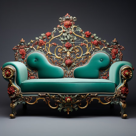 an ornate couch, styled in dark emerald and red, stands on a flat background. the couch is adorned with organic sculptures, creating a fairy tale-like atmosphere. this high-quality photo showcases the intricate details of the couch in 8k resolution, highlighting the rococo pastels and capturing every minute aspect. ai generatedの素材