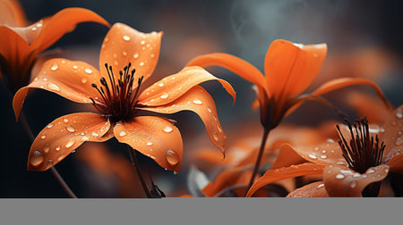 rain drops glisten on vibrant orange flowers in this wallpaper featuring blue lilies. the moody monotones and dark orange hues create a captivating atmosphere, reminiscent of nature-inspired installations. captured with the sony alpha a1 and hasselblad 1600f, the image showcases the intricate details and depth, enhanced by the unreal engine 5 and vray technology. ai generatedの素材