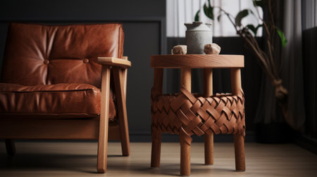 an elegant end table featuring weaving leather elements, designed with a clean and sophisticated look. created using octane render, this hyperrealistic piece showcases intricate textures. isolated on a white background, the high-detail chair boasts a stunning resolution of 16k. ai generatedの素材