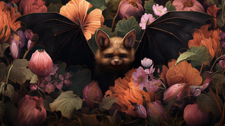 a bat, adorned with flowers, leaves, and butterflies, is captured in a photorealistic surrealism style. this furry art piece showcases a dark amber and pink color palette, creating a mysterious nocturnal scene. the editorial illustration embraces caninecore elements, featuring a close-up view that adds to the enigmatic ambiance. ai generatedの素材