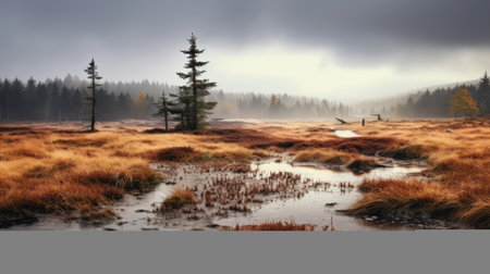 a photo of a desert landscape with a grassy area and a flowing stream, inspired by the style of mikko lagerstedt. the warm color palette captures the essence of scottish landscapes, with hints of maroon and gray. the composition is reminiscent of the works of ephraim moses lilien, featuring elements of wood and a misty atmosphere. ai generatedの素材