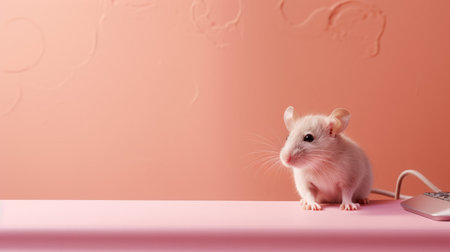 a white mouse sits beside a minimalist pink computer screen, creating a cute and dreamy scene. the photo, captured by caras ionut, showcases the animal's intensity against the light orange and amber background. the image is enhanced with poured and focus stacking techniques, resulting in a visually captivating composition. ai generatedの素材