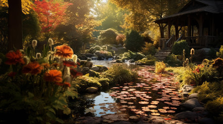 a stunning 8k 3d photo captures a breathtaking scenic garden adorned with vibrant flowers and lush plants. this japanese-inspired garden, reminiscent of peter sculthorpe's artwork, showcases a mesmerizing blend of crimson and amber hues. the luminosity of the water adds an enchanting touch to this picturesque scene, expertly captured by photographer paul hedley. ai generatedの素材